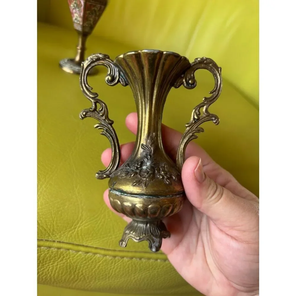Vintage Brass Mini Vase Set Italy & India Ornate Floral Etched Bud Vases